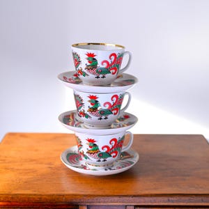 Vintage Lomonosov  LFZ large tea-coffee cup with saucer. Red rooster,  Russian porcelain cup, Imperial porcelain,  Hand-painted porcelain.
