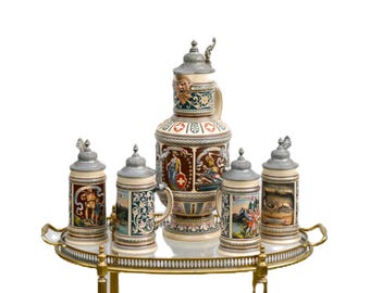 Vintage German Beer Stein Set – William Tell Swiss Heraldry, 5-Piece