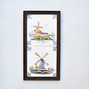 Vintage wood framed Makkum ceramic tile hand painted windmill Holland.