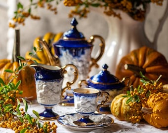 Vintage France porcelain tableware for 6 people, decorated with golden and angels! Victorian.