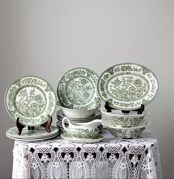 Vintage Englisch “Indian Tree” Grünes Abendessen-Service - Großes Geschirr-Set, Made in England