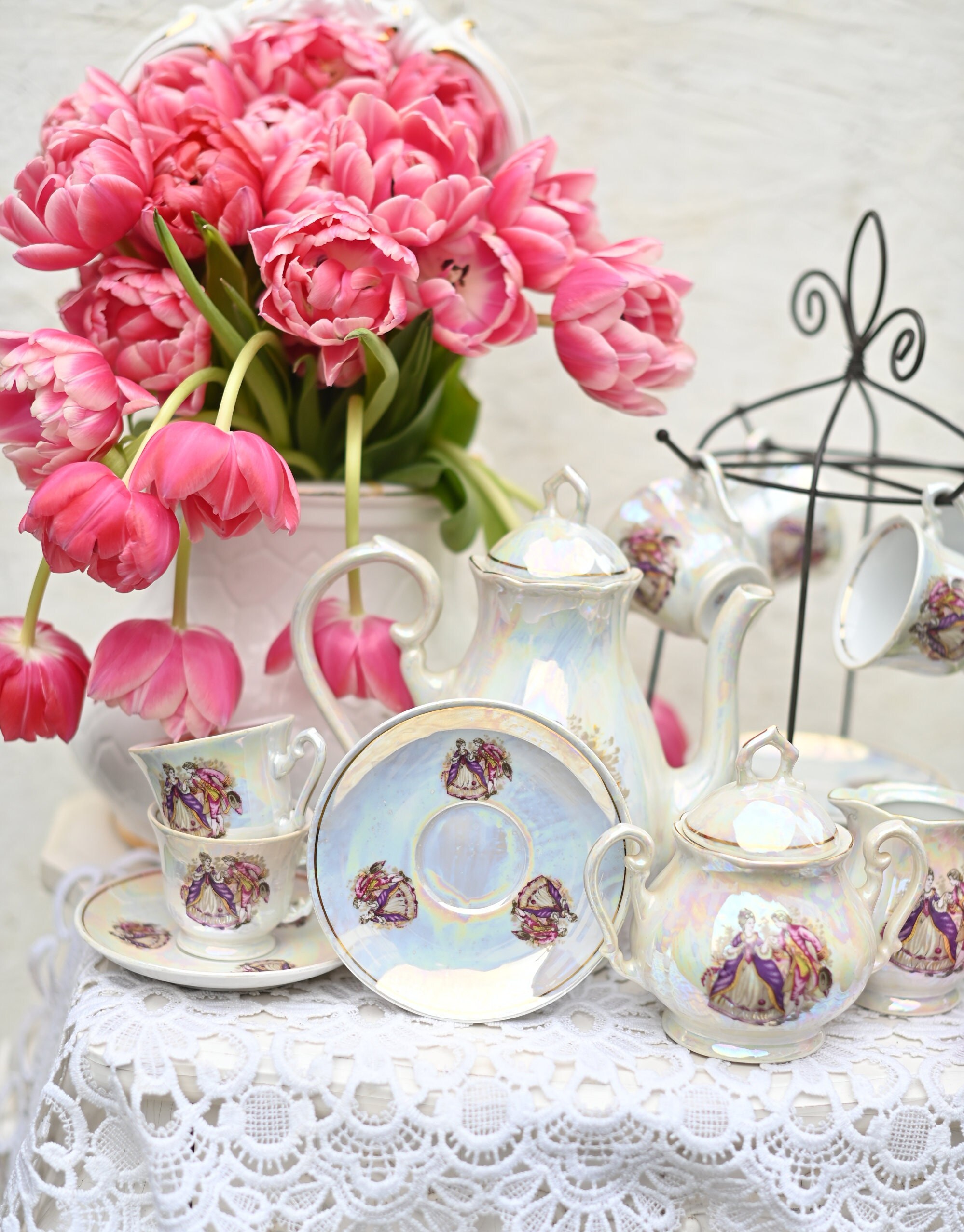 Vintage Fena Porzellan Tea Set: Hand-painted Romantic Porcelain, 1960s
