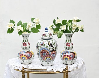 Makkum Tichelaar 4 花瓶ガーニチュール デルフト ポリクローム 仏桑花