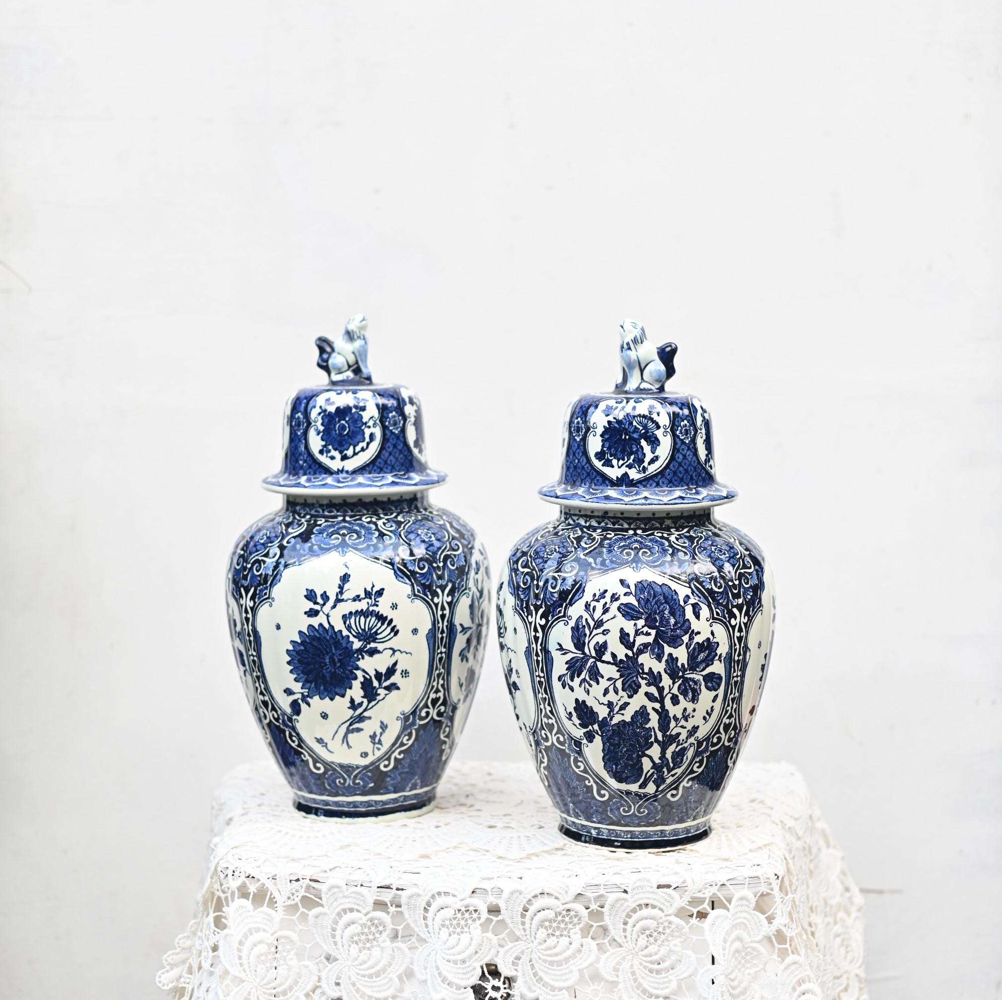 Antique Delft Blue Lidded Pots: Petrus Regout Maastricht Floral