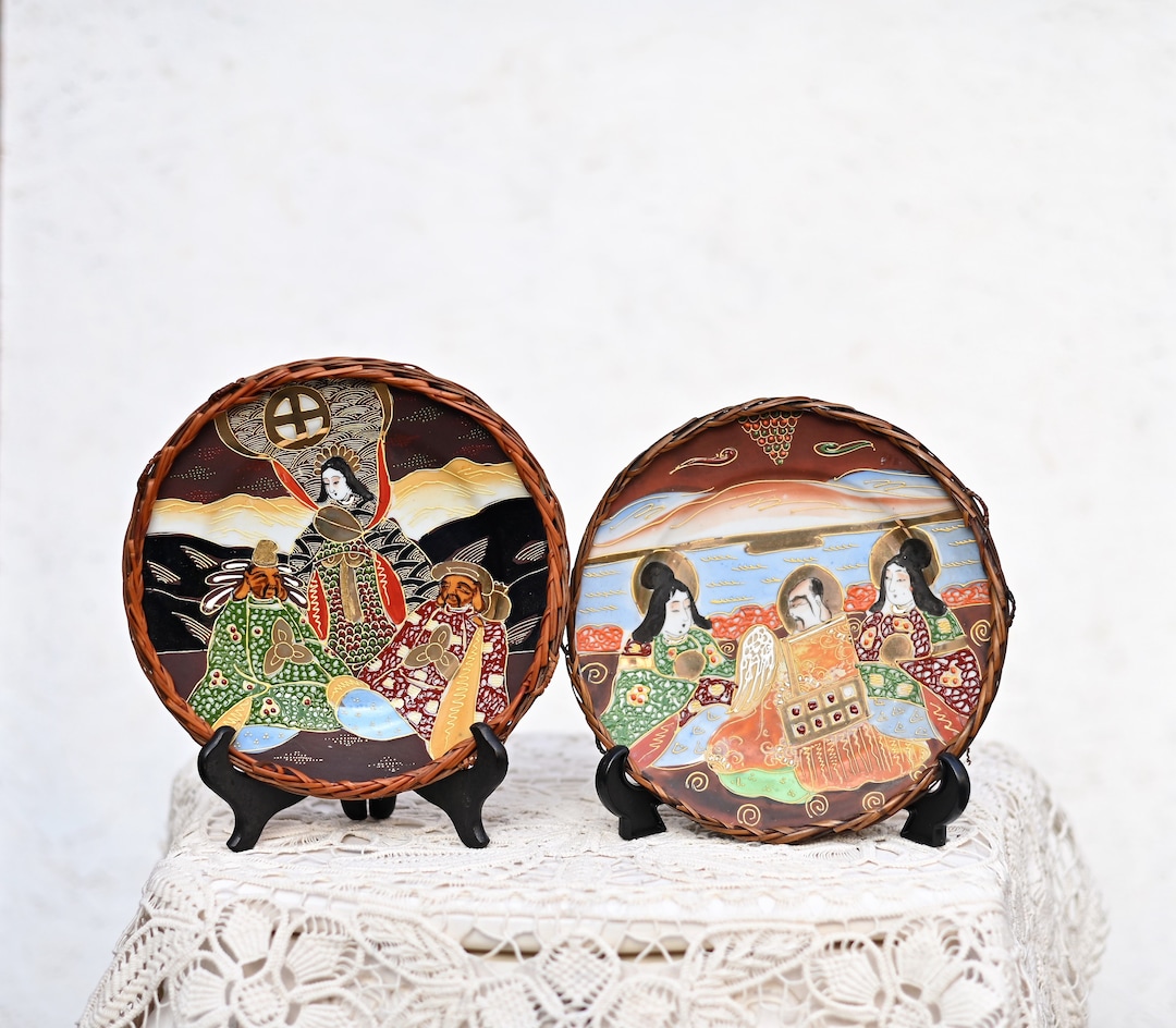 2 Japanese Porcelain Satsuma Plates Wickerwork Rattan Wicker Etsy