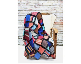 Coperta fatta a mano, grande coperta boho geometrica in cotone/lana lavorata a maglia, copriletto arcobaleno. 1,45x2,50.