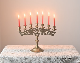 Vintage, rare, Jewish Candlestick Menorah 7 arms Hanukkah. hand engraved. in one copy. made of copper.