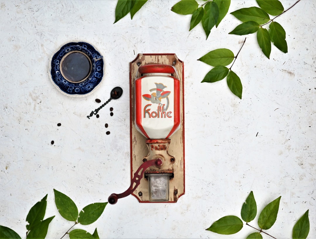 Antique Coffee Grinder Pede, Ceramic, Wall Mounted, With Metal Handle