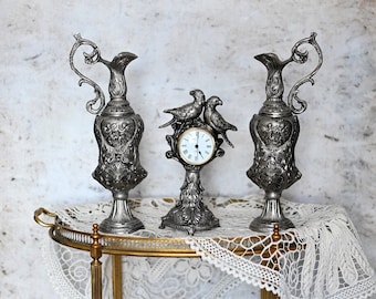 Vintage Silver Garniture Clock Set: Ornate Mantle Clock & Vases