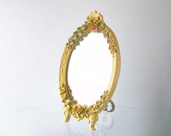 Espejo floral de cerámica antiguo: soporte de bronce italiano pintado a mano