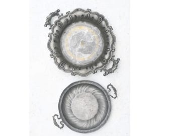 Set of 2 Antique Pewter Serving Trays with Handles – Ornate Decorative Plates.