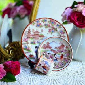 Vintage trio, coffee cup with 2 saucers, hand painted Japanese, Kutani Ware porcelain, eggshell porcelain mitasse.