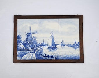 Antiguo, Hand Versierde tegeltableau van delfts blauwe tegels, muy antiguo, gemaakt in Nederland.