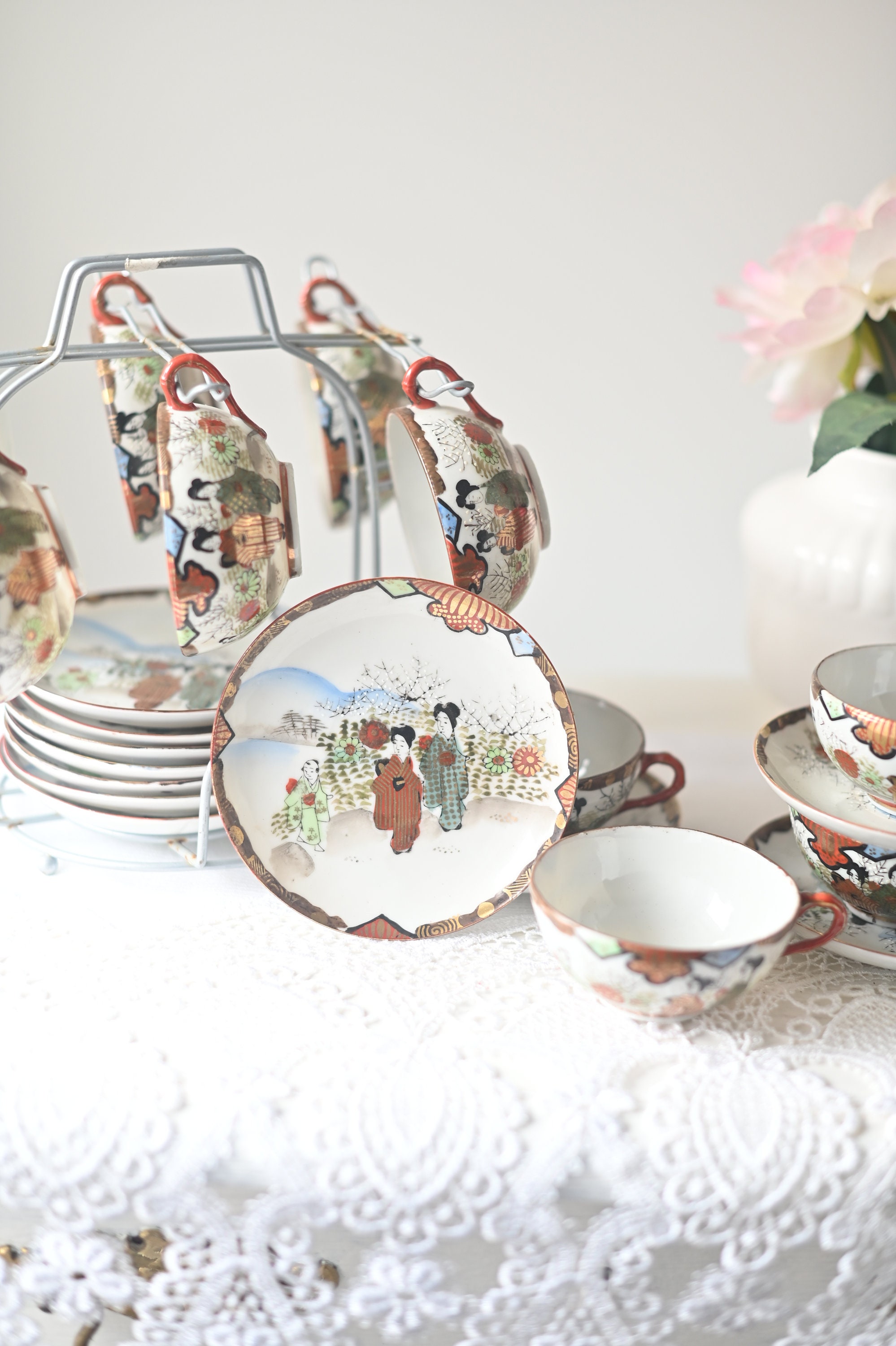 Vintage Japanese Eggshell Porcelain Tea Set: Hand-painted Cups ...