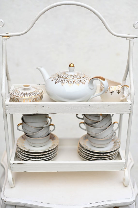 Vintage weiß mit gold Porzellan Teeservice für 12 Personen 