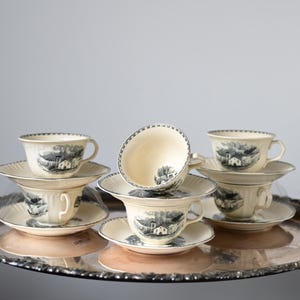 Op de afbeelding: Een verzameling vintage kopjes en schotels. De kopjes en schotels zijn crèmekleurig met een zwart-wit landschapsontwerp. De set is gerangschikt op een zilverkleurig dienblad.
