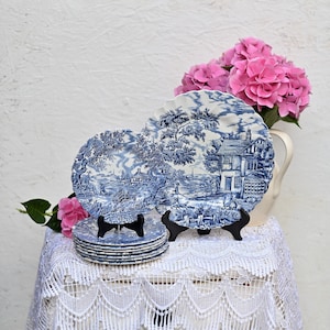 Vintage the Hunter by Myott hand engraved permanent colours cake cake dish and 8 dessert plates tableware dining room kitchen porcelain