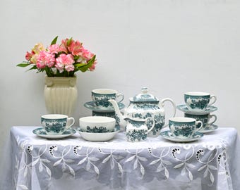 Enoch Wedgwood  tea set, for 5 people, blauw,  vintage porselein, vintage servies.