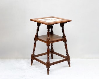 Vintage Two-Tier Wooden Side Table with Ceramic Inlay – Antique Accent Table – Plant Stand.