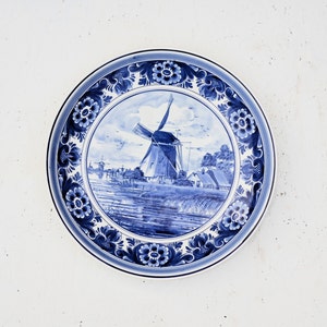 Vintage Delft Blue and White plate, Holland Windmill, Cobalt Blue Transferware.