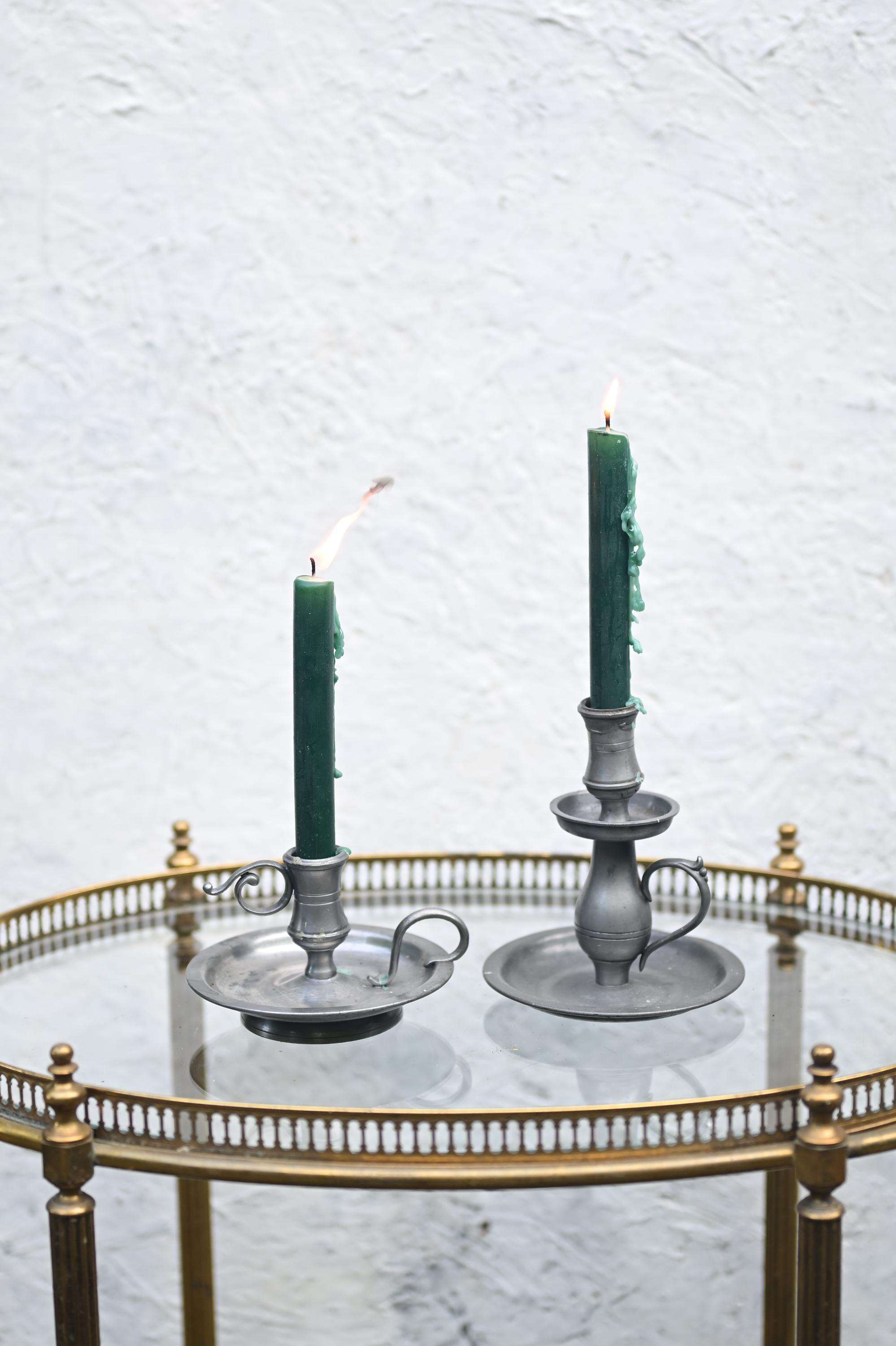 Vintage Pewter Candle Holders - Classic Handle Design - Set of 2