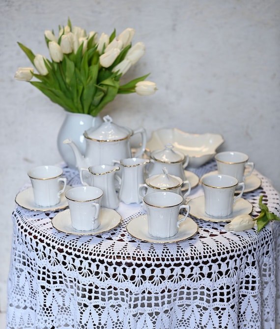 Vintage Baronesse Art Tirschenreuth Tea Set: White With Gold Edge