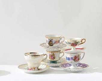 Set of 5 Vintage Lustreware Coffee Cups and Saucers | Mismatched Porcelain Tea Set