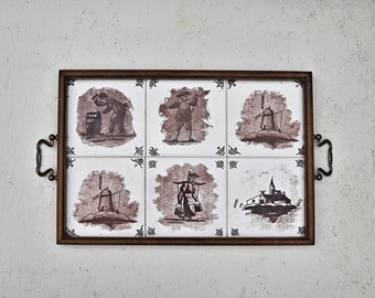 Bandeja antigua de azulejos de Delft: cerámica holandesa de manganeso púrpura, marco de madera