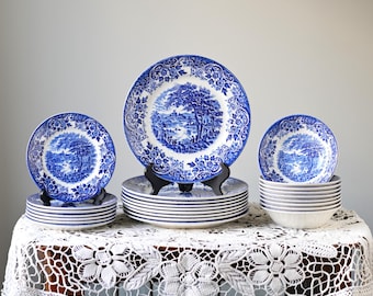 Vintage Blue & White English Scenery Dinnerware Set, 25-Piece Mixed Set