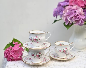Vintage Ladies cup and saucer Elizabethan Fine Bone China decorated with roses and green leaves and with gold edges.