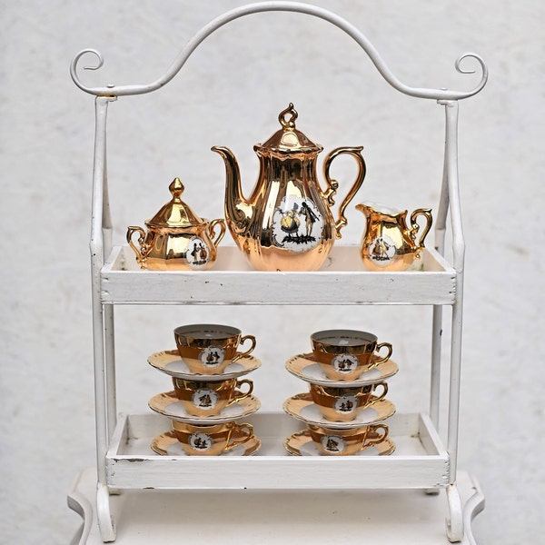 Wonderful vintage Golden German Bavaria Tea Set, Vintage Porcelain with Romantic Scenes, Waldsassen Tableware.