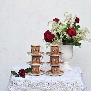 Antique. Japanese Kutani Eggshell Porcelain, Geisha Girl, set of 6 Cup and Saucer.