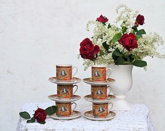 Antique. Japanese Kutani Eggshell Porcelain, Geisha Girl, set of 6 Cup and Saucer.