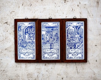 Vintage set van 3 Delfts blauwe Tegel (Sausage Maker, Pate Maker, Ham Smoker). Oud Hollands.  Handbeschilderd