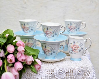 Vintage Royal Grafton Mayfair-theeset: hemelsblauwe rozen, fijn porselein