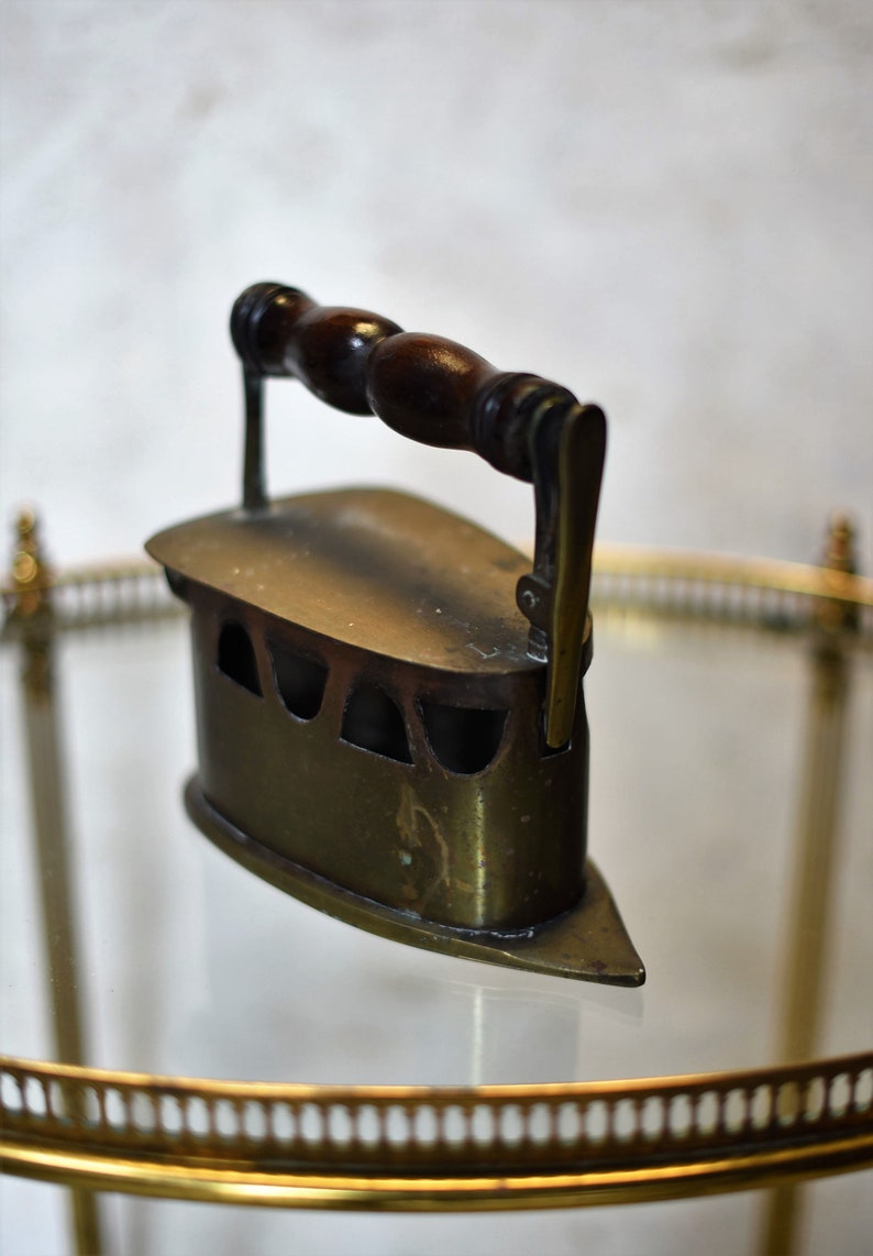 Antique 1920s vintage Brass Coal Iron with Wooden Handle