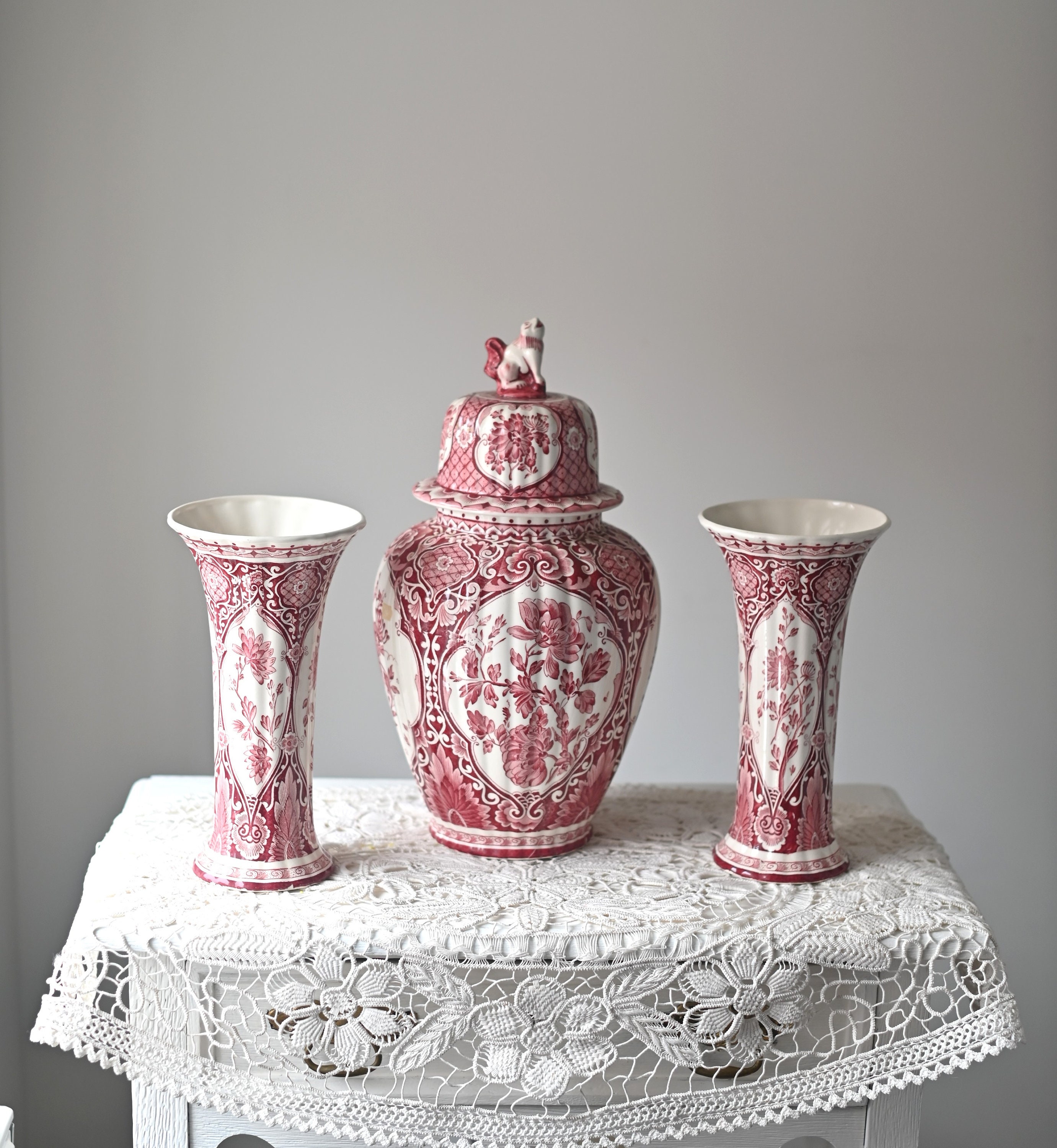 Vintage Petrus Regout Delft Red Vase Set: Ginger Jar and Vases