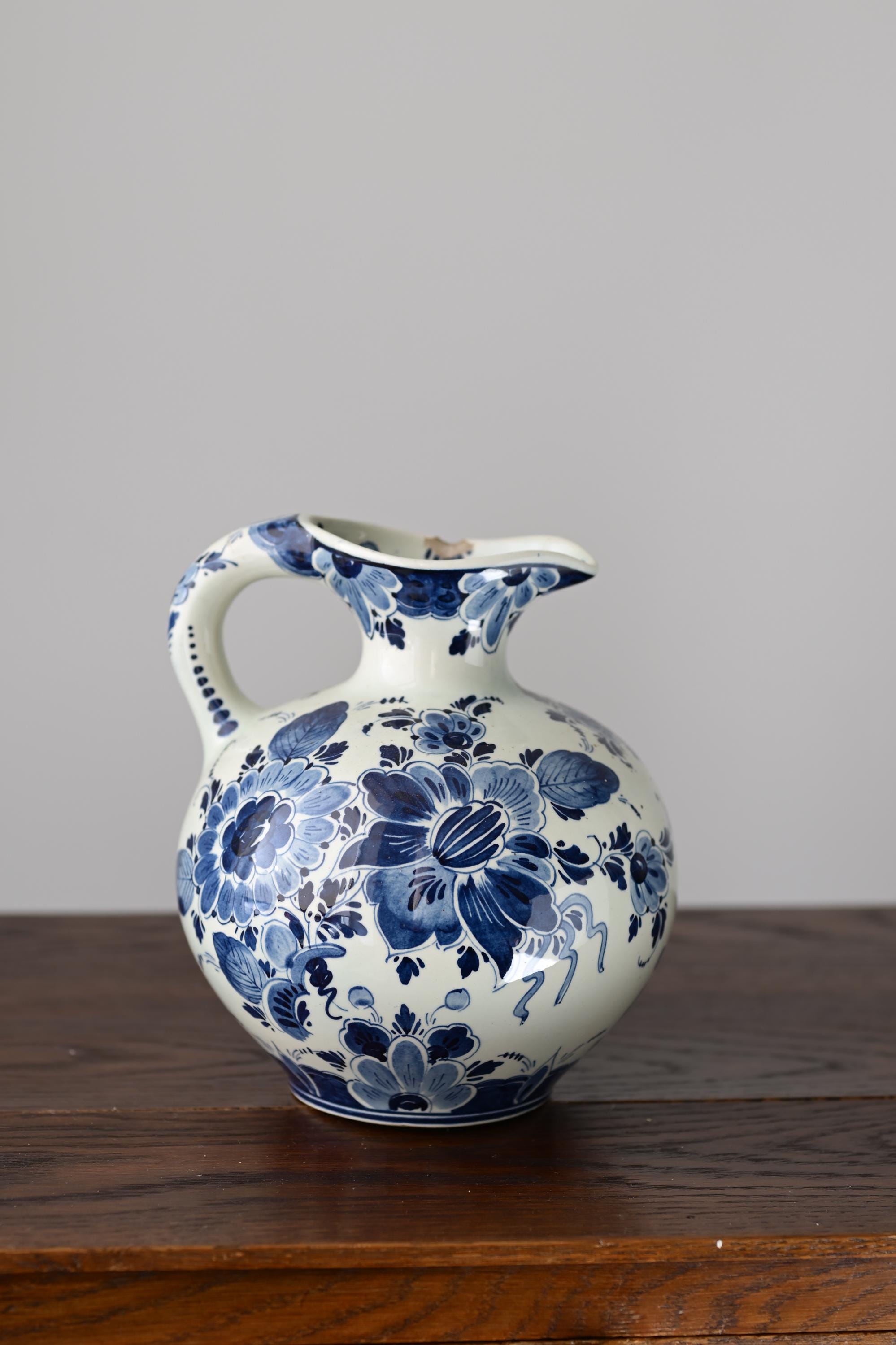 Vintage Regina Gouda Delft Blue Pottery Pitcher: Hand-painted