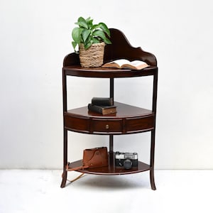 Vintage Wooden Corner Shelf, Mid-Century Display Stand with Drawer, Solid Wood Accent Furniture.