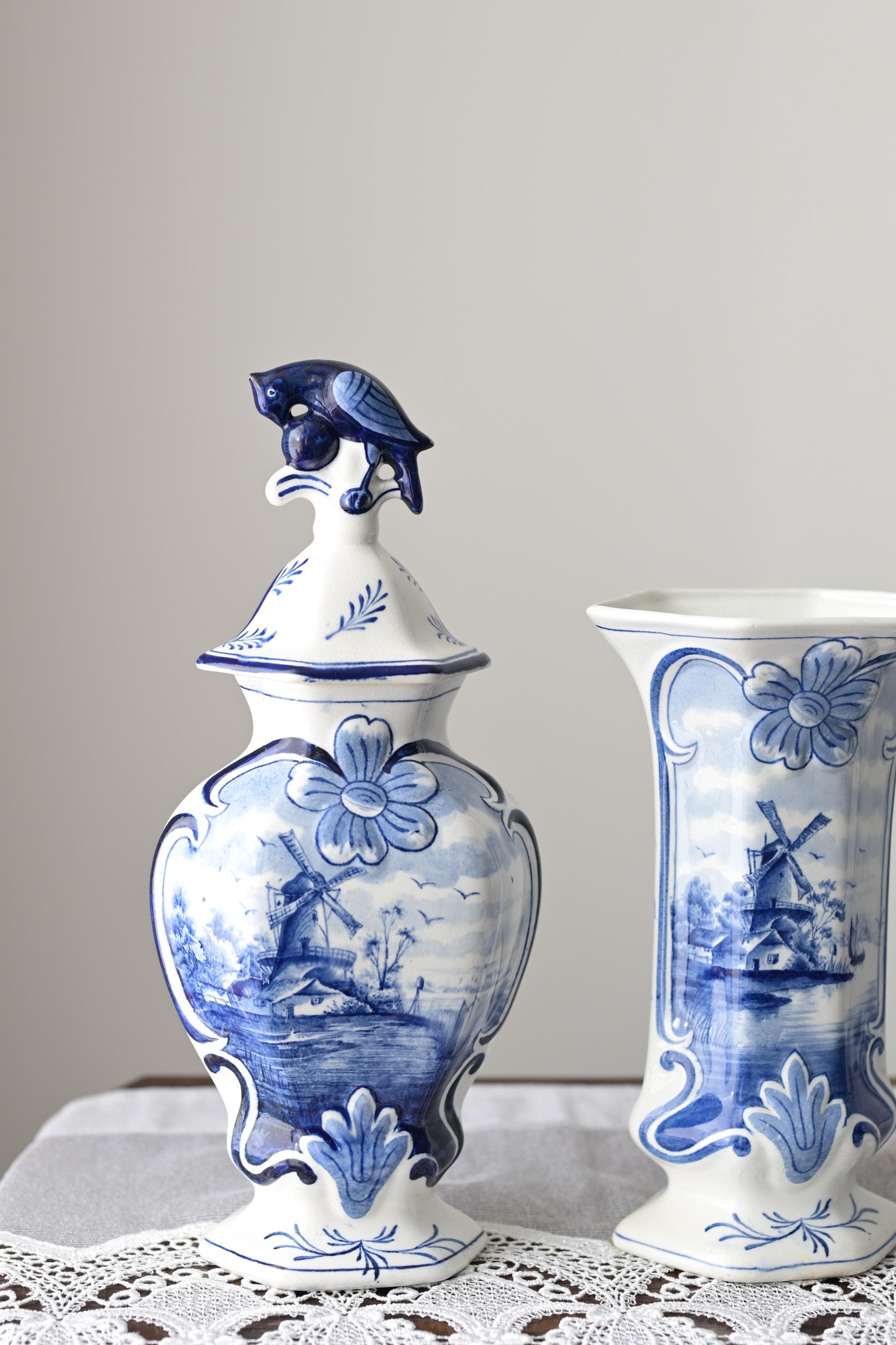 Antique Delft Blue Vase Set – 3 Pieces – Hand Painted Dutch