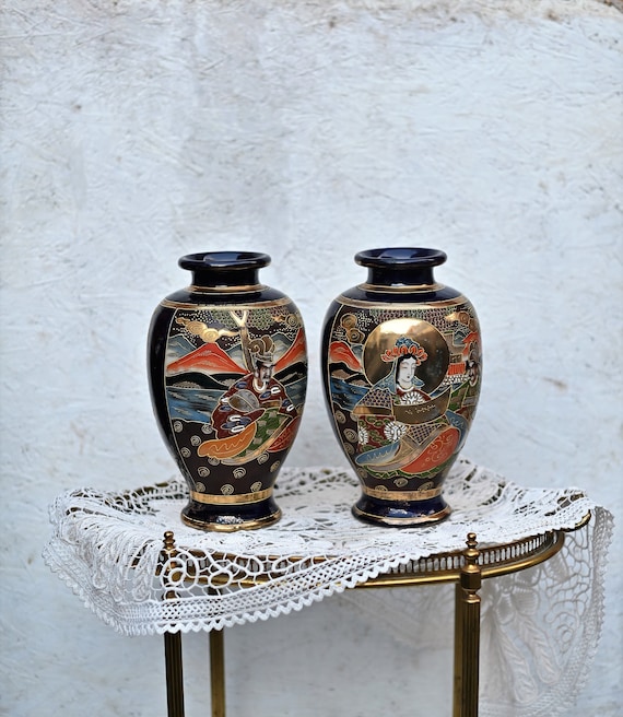 Deux Vases Céramique Japonais – Style Minimaliste, Ocre Et Bleu, Fait Main