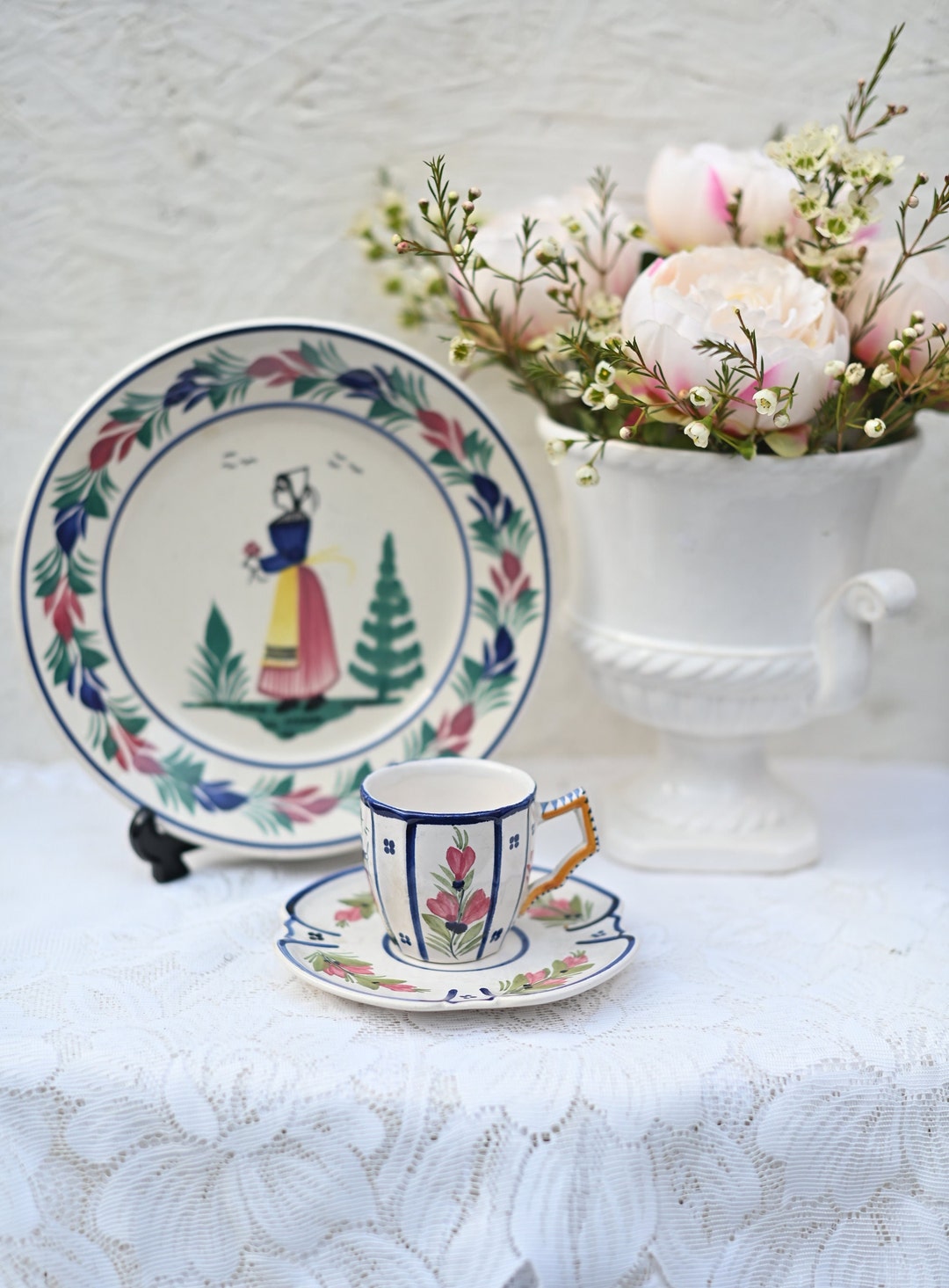 Henriot Quimper Ceramic Cup and Saucer Plate, French Hand Decorated Faience Folk Art Pottery. Etsy
