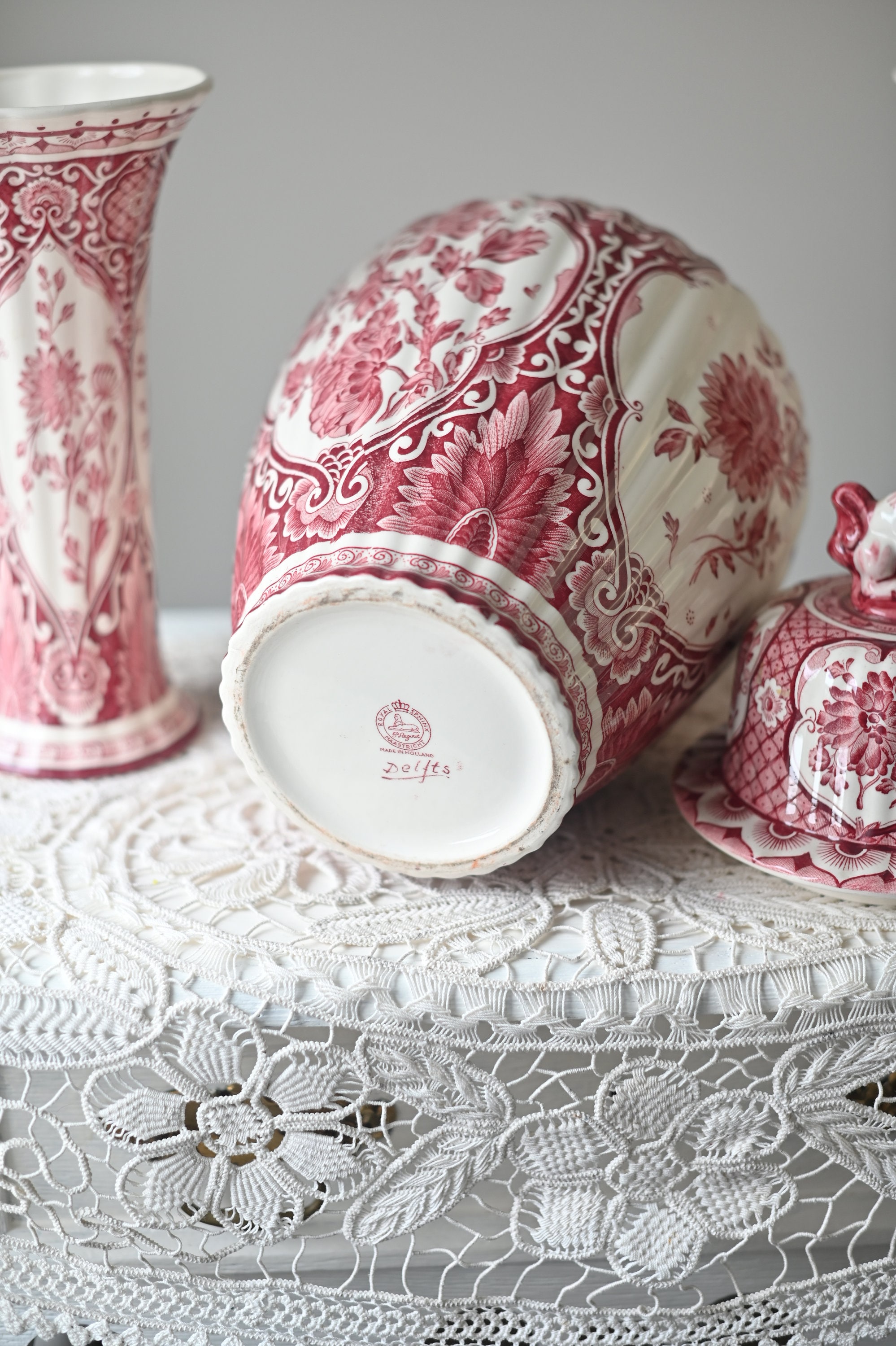 Vintage Petrus Regout Delft Red Vase Set: Ginger Jar and Vases