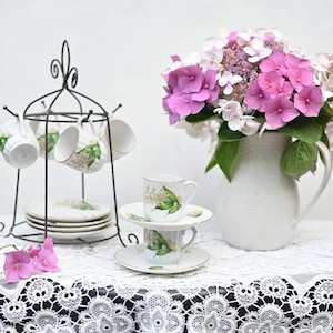 Set of 6 Teacup and Saucer, Lily of the Valley, White Spring Flowers, Vintage, Bone China.