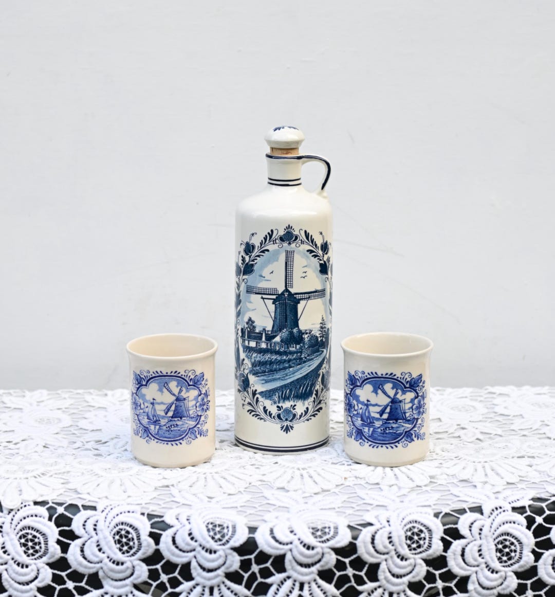 Delfts Blauw Bottle With Mugs: Dutch Windmill Ceramic Set - Etsy
