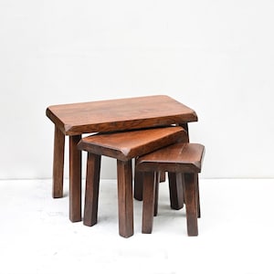 Solid Oak Nesting Tables – Set of 3, Rustic Handcrafted Wood Tables, Chunky Vintage Side Tables.