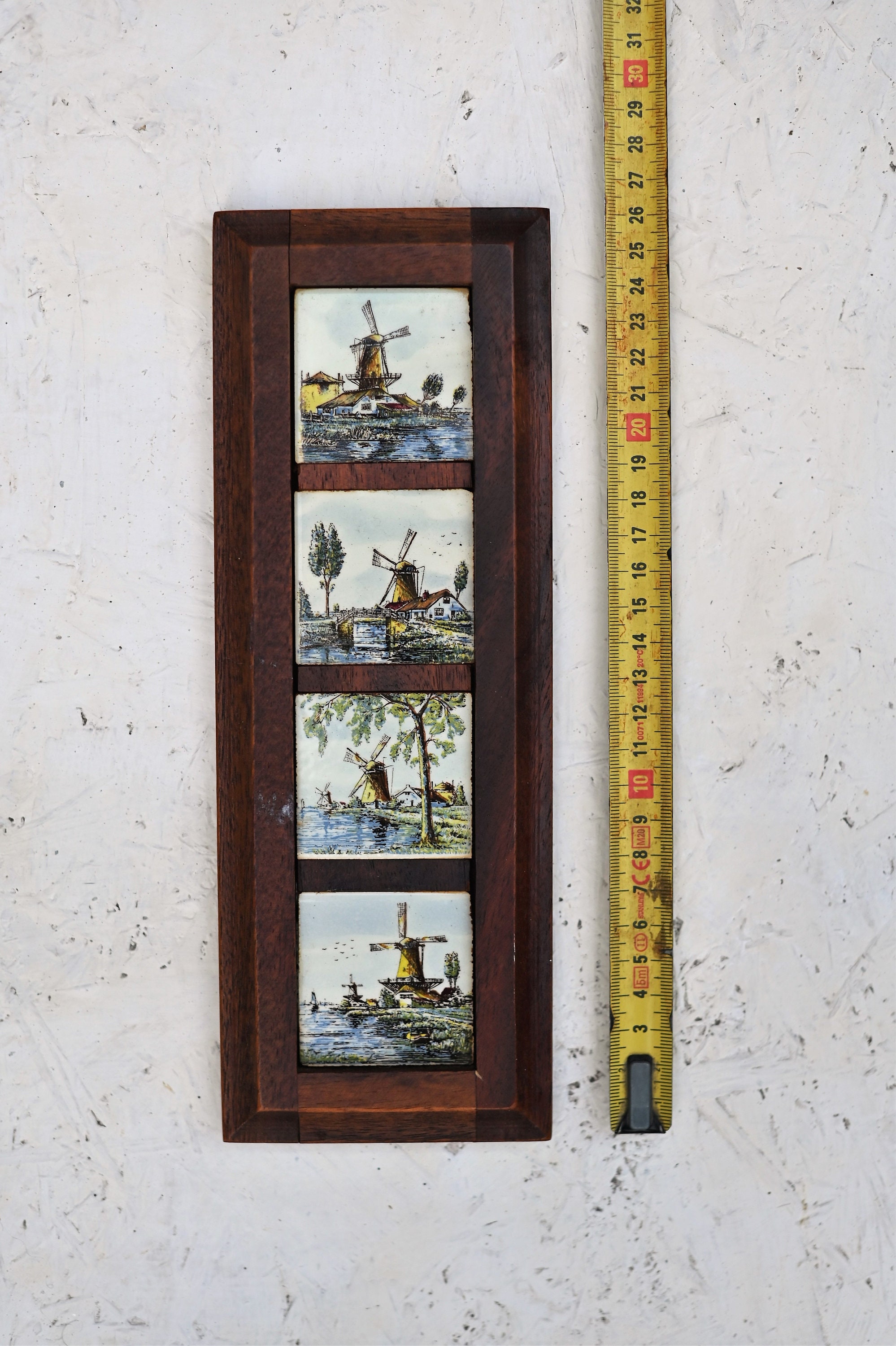Vintage Polychrome Omlijste Tegels, 4 Tile With a Dutch Windmill