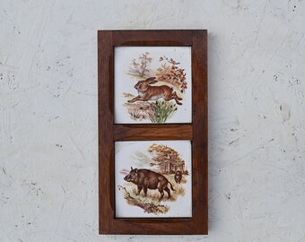 Arte antiguo de azulejos holandeses: pintura de jabalí y conejo