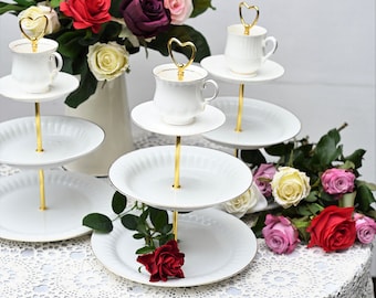 Beautiful Vintage ETAGERE, vintage porcelain, CAKE STAND, chic elegant white are gold with gold rim.