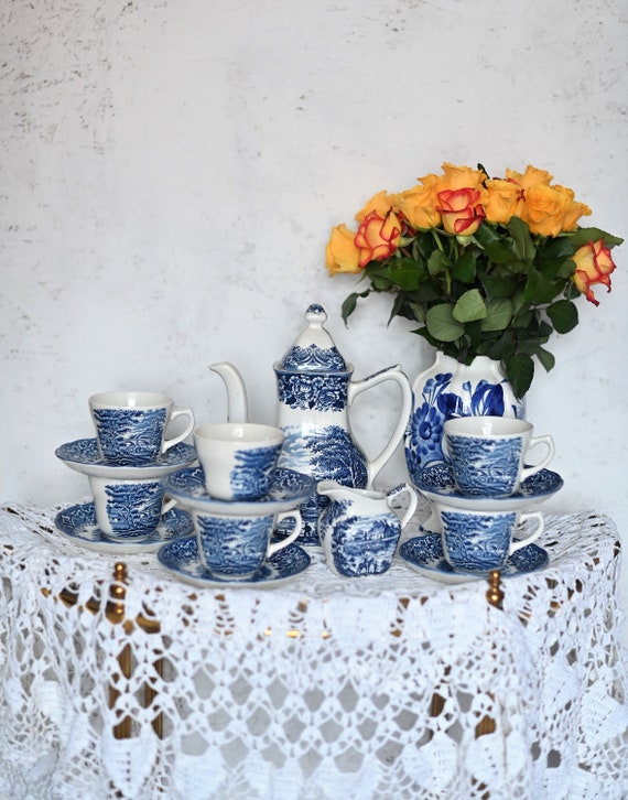 Vintage W.H. Grindley Blue Transferware Kaffeeservice - Staffordshire England